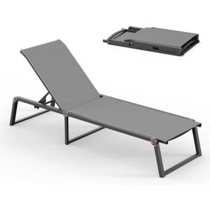Aluminum Chaise Lounge Chair Outdoor, Foldable& No Assembly Patio Pool Lounge Chairs 5-Position Recliner for Outside, Fully Grounded Legs Sun Lounger for Poolside, Dark Grey