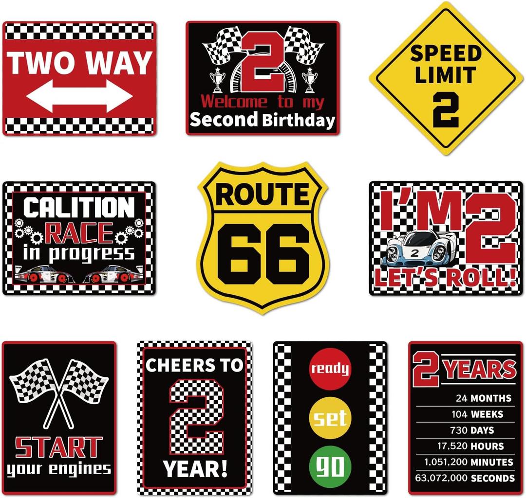 Two Fast Birthday Decorations for Boys, Set of 10 2nd Race Car Wall Signs Funny Tags for 2 Year Old Party Decor Table Centerpieces Door Wall Windows Signs Picture Props for Boys