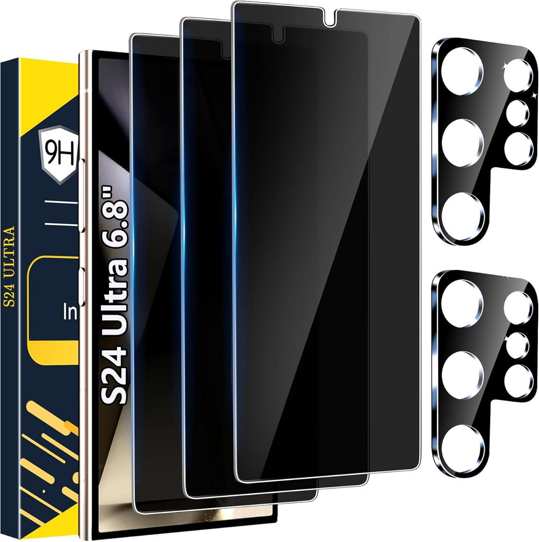 [3+2 Pack] Galaxy S24 Ultra Privacy Screen Protector, 9H Tempered Glass, Ultrasonic Fingerprint Support, 3D Curved, HD Clear Anti-Spy Film for Samsung S24 Ultra 5G Glass Screen Protector