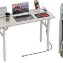 TEMI Small Computer Desk Folding Table - No Assembly, Compact 43.3" Foldable Desk with Power Outlets & USB Charging Port, Portable Small Office Desk, Ideal Mini Study Table for Narrow Spaces, White Ash