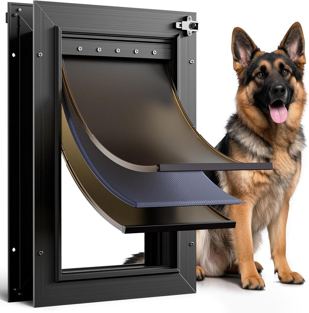Dog Door for Door All Aluminum 3 Flaps Black, Large Dog Doggy Doggie Door, Heavy Duty Pet Door for Dogs Cats, with Insulation Flap, Telescoping Tunnel, Sliding Closing Panel, for Pets Up to 110lb