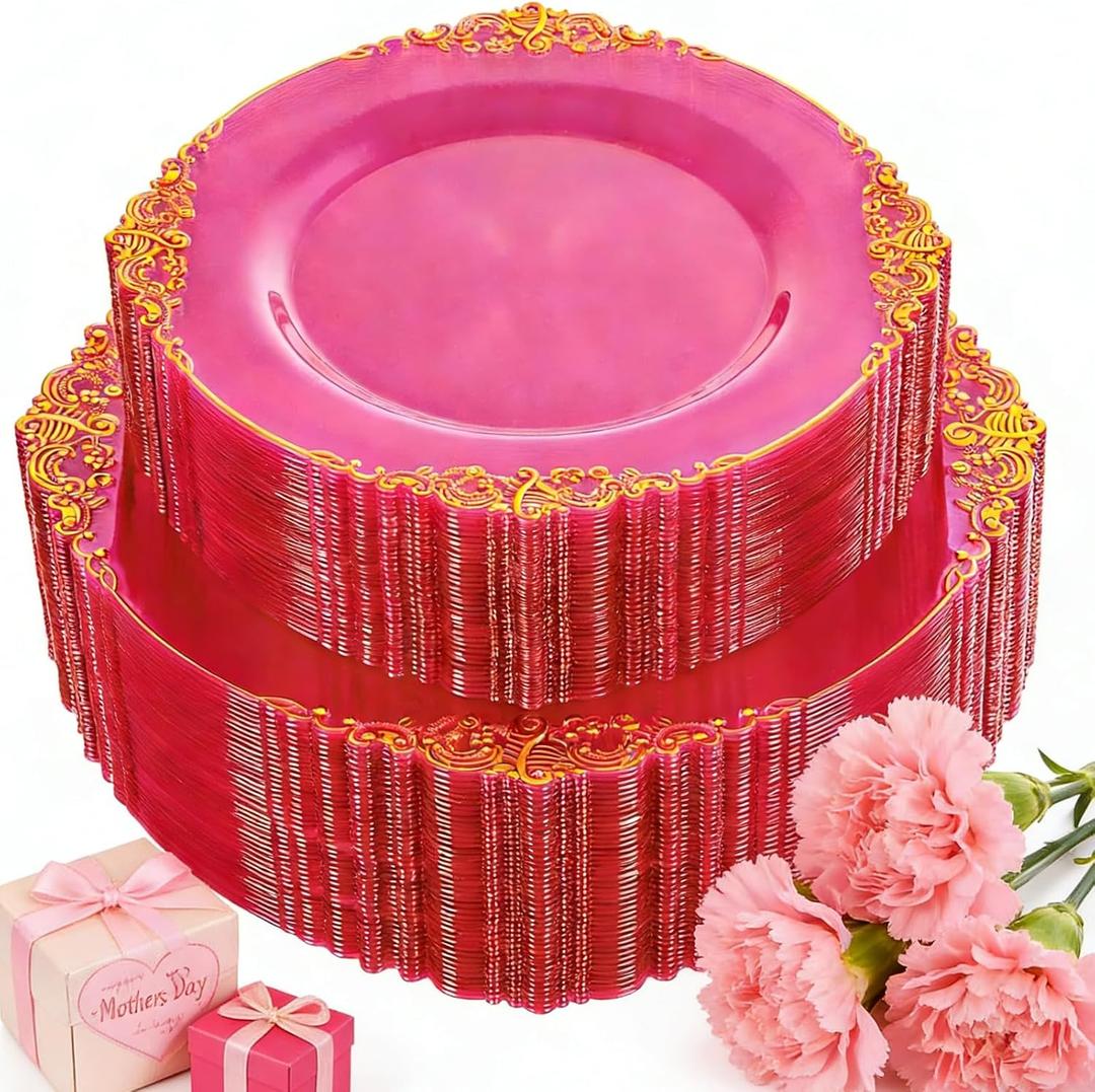 102PCS Clear Hot Pink Plastic Plates - Pink Disposable Plate with Gold Rim - Hot Pink Party Plates Include 51PCS 7.5inch Dessert & 10.25inch Dinner Plate for Wedding Birthday Party Mothers Day