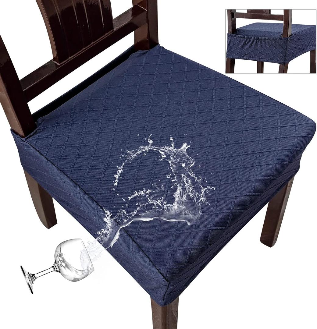 Genina Waterproof Seat Covers for Chairs,Set of 4 Dining Room Chair Seat Covers for Kitchen,Stretch Jacquard Removable Washable Dining Chair Slipcovers Protectors with Rear Covers, Navy Blue