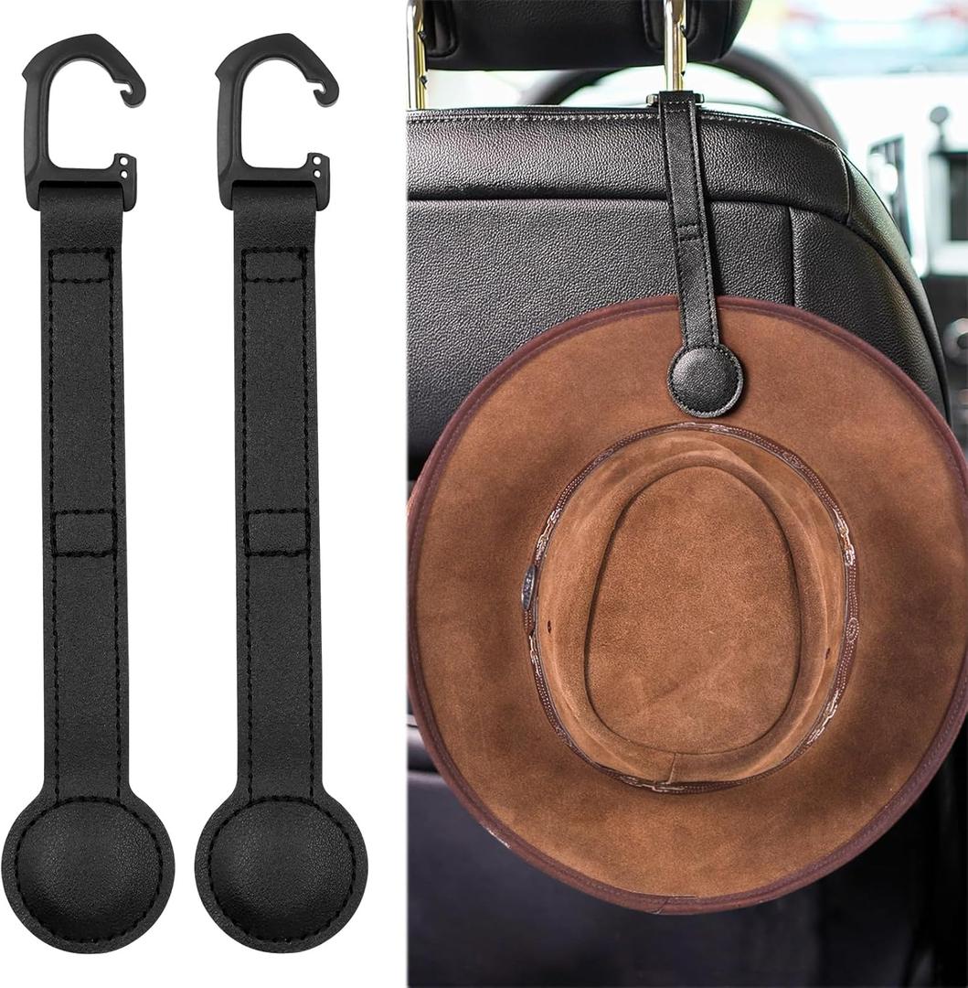 2 Pack Cowboy Hat Holder for Truck, Leather Magnetic Cap Clip, Truck Car Seat Hat Organizer Accessories for Men and Women, Suitable for Car, SUV, Pickup Seat Back Headrest Hat Clip Storage (Black)