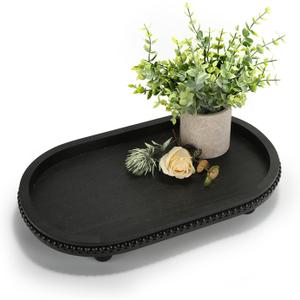 Wooden Decorative Tray for Home Decor, Beaded Black Oval Tray Decor for Coffee Table, Rustic Wood Serving Trays Farmhouse Centerpieces for Living Room Kitchen Counter (Black Oval)