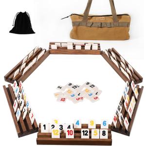 Rummy Cube 6 Player Edition with 6 Wooden Racks Trays 160 Numbers Rummy Tiles Set with Zippered Case Rummy Travel Game Set Classic Board Games for Family Adults Party (Burnt Color)