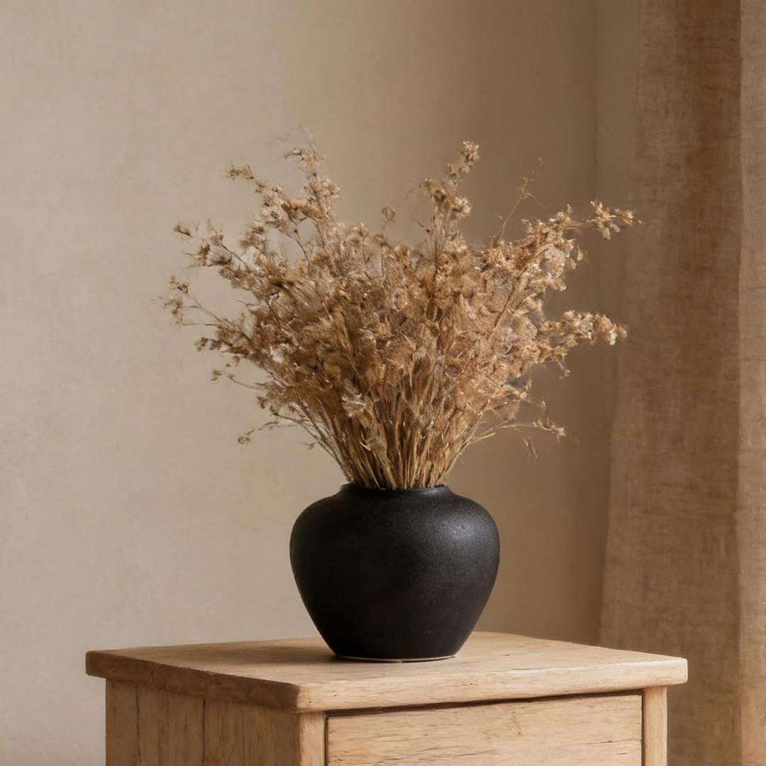 Black Vase for Flowers, 6.7” Black Ceramic Vases，Rustic Round Decor Vases for Living Room Table Decor, Matte Black Pottery Vase for Shelf, Entryway, Farmhouse and Modern Home Accent