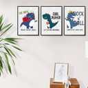 3Pcs Cartoon Dinosaur Wall Art Trio Set Music Sports Rock Themes Playful Canvas Prints Vibrant Color Posters Starry Gray Background Pictures Paintings for Kids Room Wall Decor Nursery Decoration Unframed