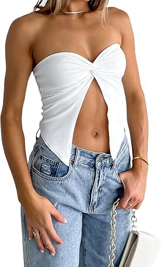 Women Sexy Strapless Y2k Tube Top with Twist Knot Front Cute Summer Going Out Tops, White, Size M