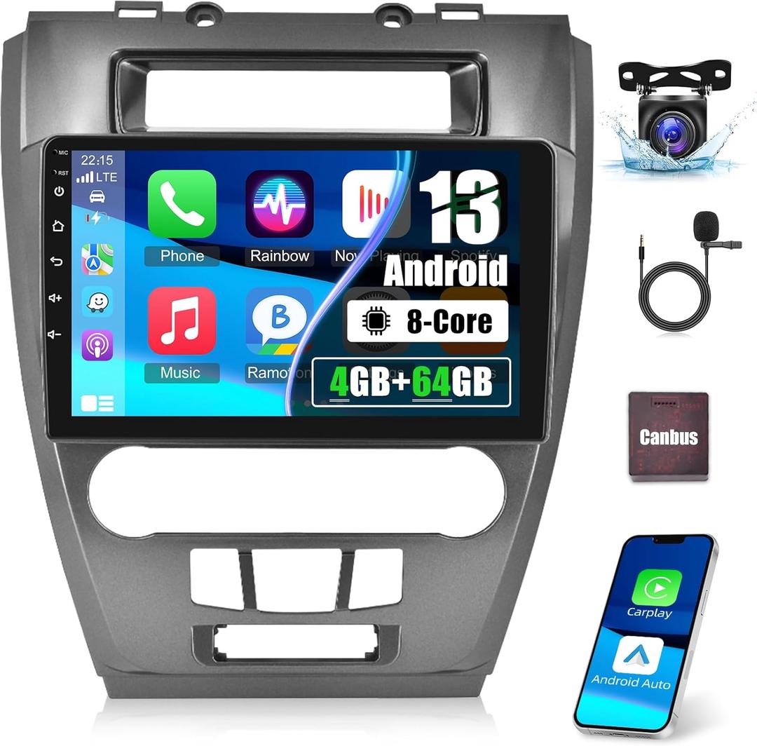 8 Core [4G+64G] Car Radio for Ford Fusion Mondeo Mustang 2009-2012, Android 13 Touch Screen Fusion Stereo, DSP 32 EQ/IPS/Carplay/Android Auto/SWC/BT/WiFi