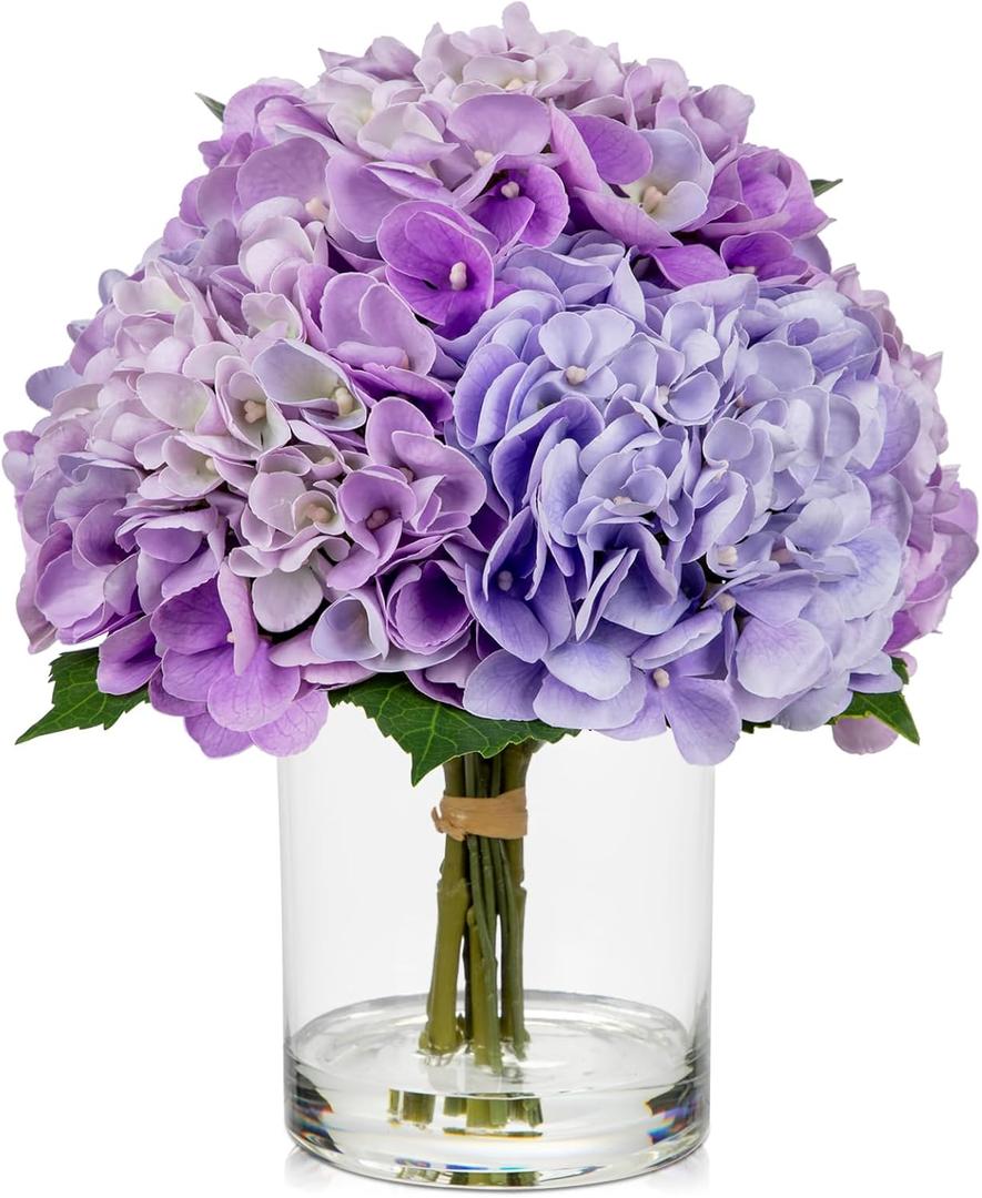 Hollyone Purple Hydrangea Artificial Flowers in Vase Latex Real Touch Large Faux Hydrangea Flowers Arrangements Hydrangeas Fake Flower with Glass Vase with Faux Water for Table Centerpiece Home Decor, 12.2x12
