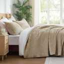 BEDELITE Velvet Quilt Set Queen Size, Luxury Velvet Comforter for All Season, Lightweight Soft Quilted Bedding Set, Striped Channel Oversized Bedspread Coverlet with 2 Pillow Shams,Taupe