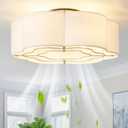 Caged Ceiling Fan with Lights, Flush Mount 20" Boho Ceiling Fans with Lights Remote Control, Low Profile Fabric Bladeless with 6 Speeds for Bedroom, Nursery, Kitchen (White)