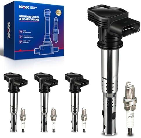 KAX 4-Pack Ignition Coils and Iridium Spark Plug Set for Audi A3 A4 A5 A6 Q5 R8 TT TTS RS4 RS5 allroad, Volkswagen Jetta Passat Tiguan Beetle CC Golf GTI Eos Beetle Golf R, UF575