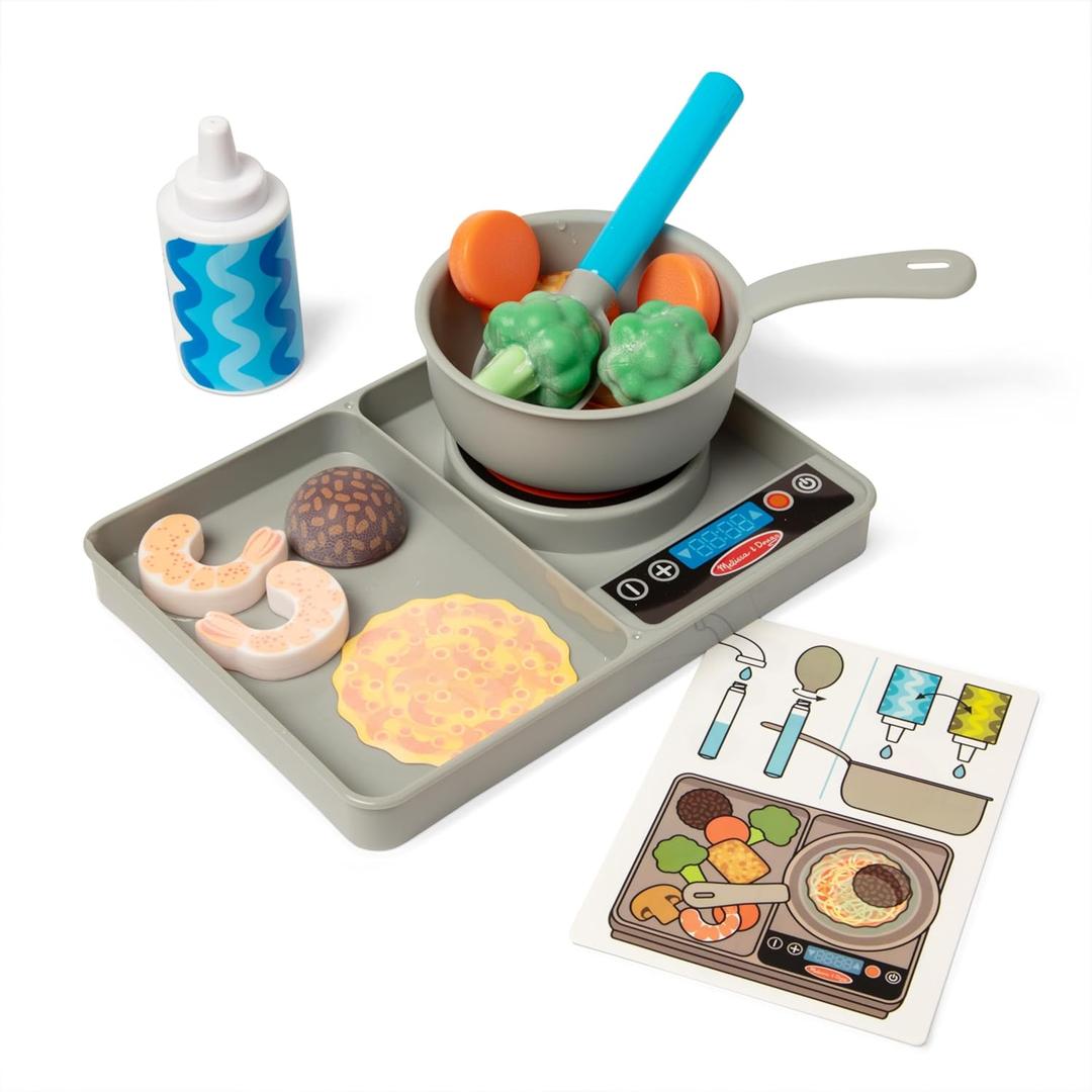 Melissa & Doug Simmer & Stir Stovetop Play Set with Water Wow! Color Changing Play Food Preschool Toy Ages 3+