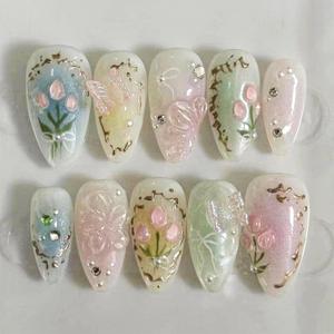 Colorful Press on Nails Medium Almond Fake Nails with 3D Flower Butterfly Designs Muti Colorful Gradient Acrylic Nails False Nails Stiletto Full Cover Glossy Stick on Nails for Women 24Pcs