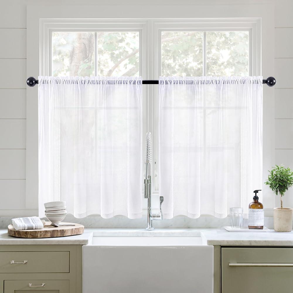 MIULEE White Sheer Kitchen Curtains 36 Inches Length Half Window Curtains for Bathroom Cafe, Rod Pocket Short Curtain Tiers Linen Textured Light Filtering Drapes 2 Panels W54 x L36