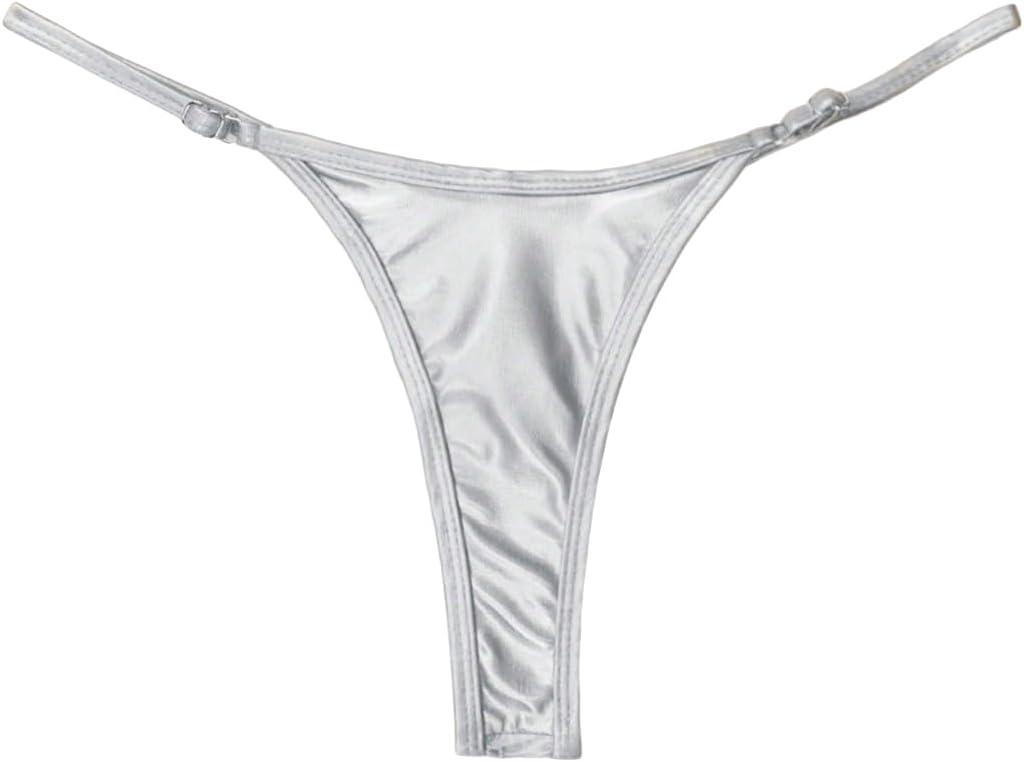 OYOANGLE Women's Metallic Thong Bikini Bottom Low Rise Cheeky Swim Bottoms Beachwear L