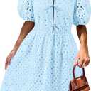 KIRUNDO Eyelet Summer Dresses for Women 2025 Short Sleeve Tie Front Babydoll A Line Wedding Guest Beach Vacation Sundress (Medium, Light Blue)