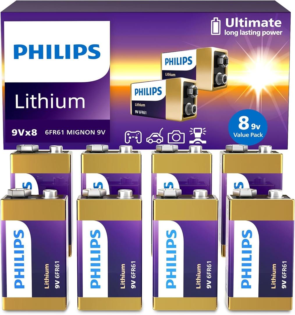 Philips 9V Batteries Lithium 9 Volt Battery 8 Pack Ultra Long Lasting 9V Battery for Household and Office Devices Smoke Detector (Non-Rechargeable)