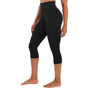 Women's High Waist Capri Leggings with Pockets Tummy Control Cropped Yoga Pants for Summer Fitness Workout Athletic (Black, S)
