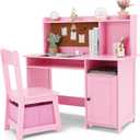 JOYLDIAS Children's Wooden Desk, Children's Desk with Chair, Multifunctional Children's Learning Table with Shelves and Storage Space, Pink