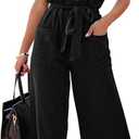 Black Neck Short Sleeve Button Belted Wide Leg Jumpsuits, Size M