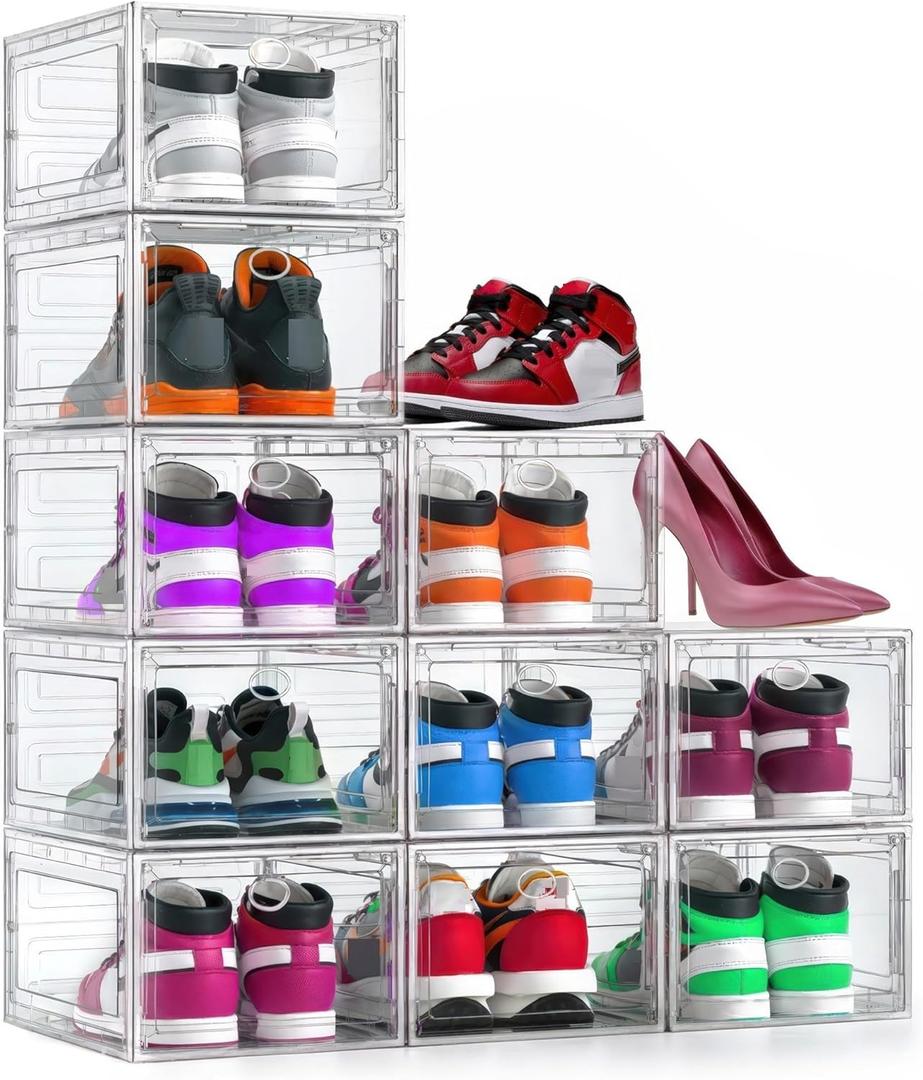 Secret Space 10 Pack XX Large Thicken Hard Shoe Organizer Storage Boxes for Closet, Modular Space Saving Shoe Boxes Clear Plastic Stackable Sneaker Containers Display Case with Lids, White