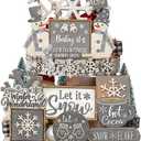 Nuogo 25 Pcs Winter Tiered Tray Decor Wood Rustic Winter Decoration for Home Christmas Snowflake Table Shelf Farmhouse Let It Snow Decor Xmas Snowman Signs for Table Holiday (Gray)