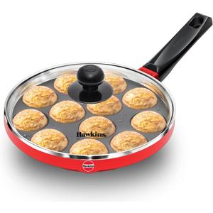 Hawkins Nonstick Appe Pan with Glass Lid, 12 Cups, Diameter 22 cm, Black, Cast Aluminium, Red
