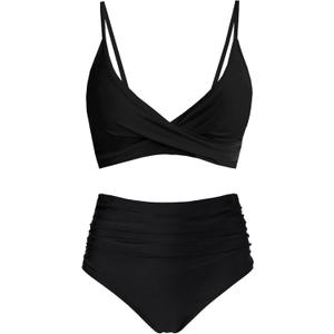 Women's High Waisted Bikini Sets Push Up Twist Front Spaghetti Straps Ruched Two Piece Swimsuit Bathing Suit (Medium, Black)