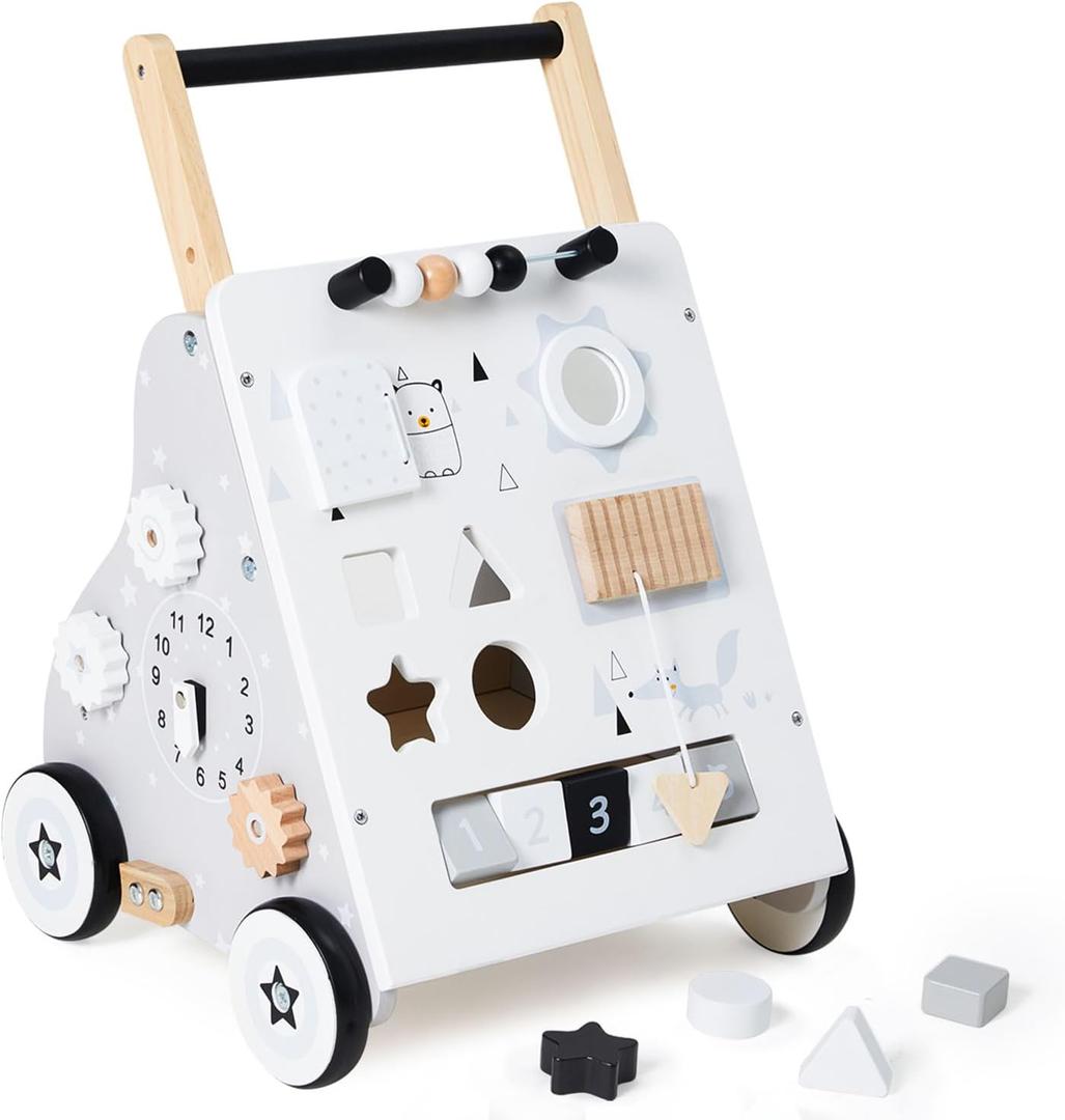 Wooden Baby Walker, Baby Push Walker with Wheel, Push and Pull Toys Learning to Walk, Montessori Walker Toy for Kids Development, Adjustable Speed and Height (Gray)