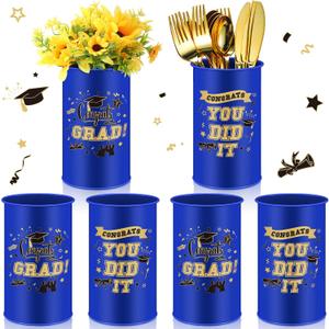Domensi 12 Pcs 2026 Graduation Table Centerpiece Vase Decorations Class of 2026 Galvanized Metal Tin Vases for Artificial Flowers Grad Caps Cutlery Utensil Holder for Party Supplies Gifts (Blue)