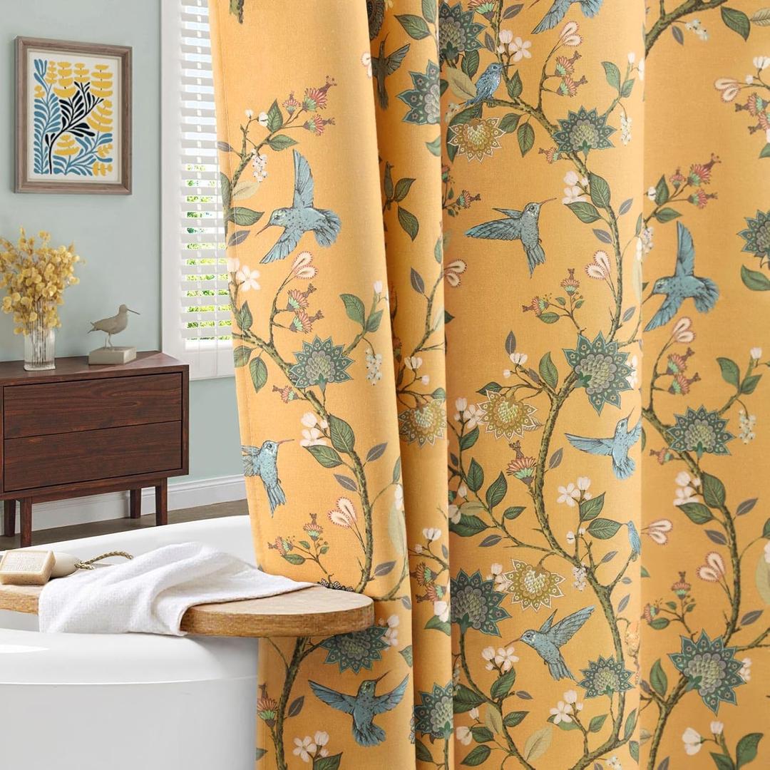 Mustard Yellow Cotton Floral Shower Curtain,Vintage Anthropologie Shower Curtains for Bathroom,72Wx84H