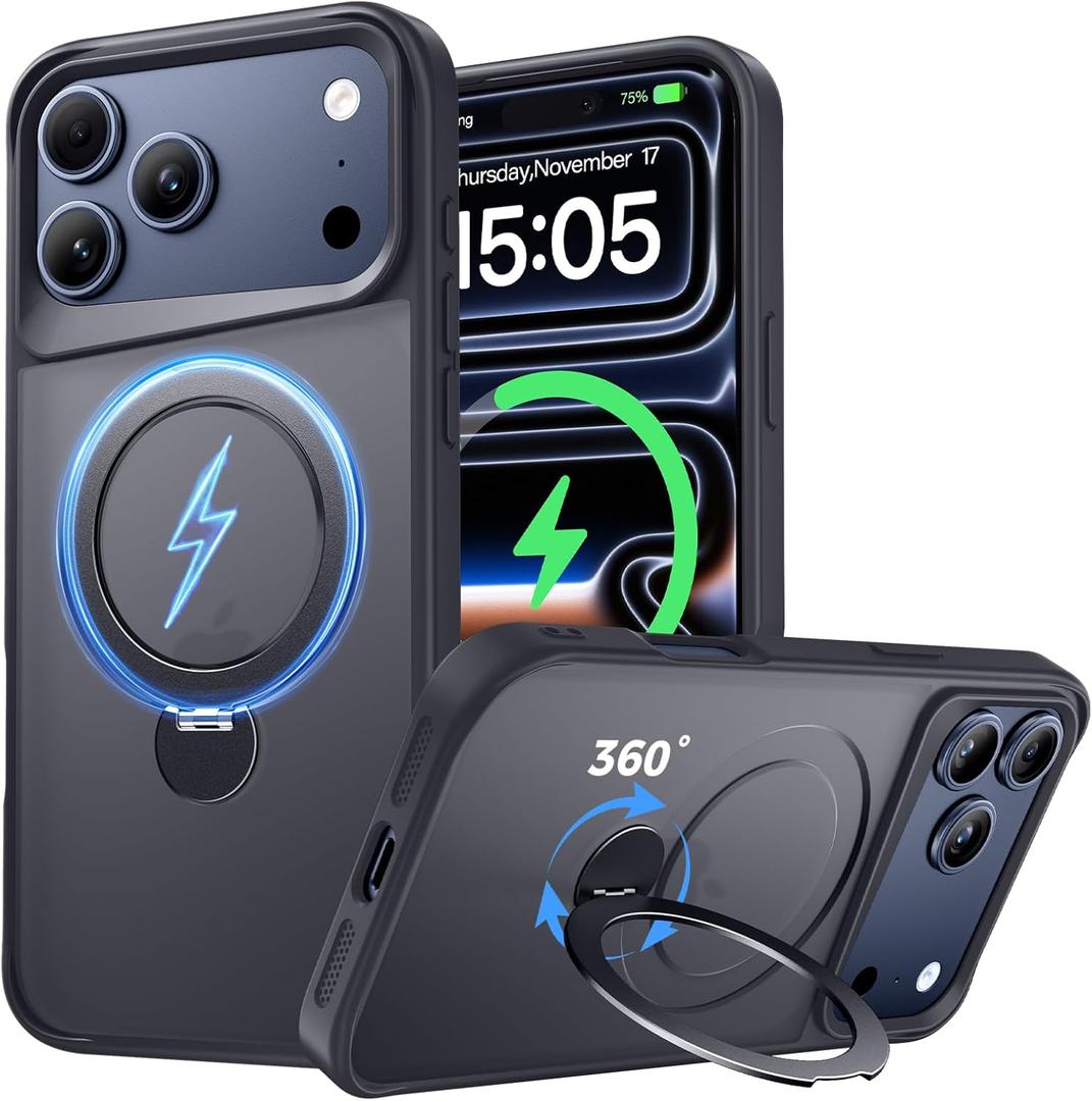 Compatible with iPhone 17 Pro Max Case, with 360 Magnetic Stand [Compatible with MagSafe] [Military Drop Protection] Shockproof Translucent Matte Case for 17 Pro Max 6.9", Black
