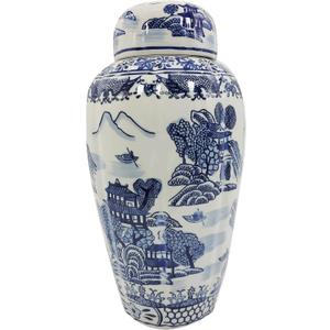 Galt International 16" Blue and White Urn Style Ceramic Porcelain Ginger Jar Classic Temple Landscape Design Home Decor