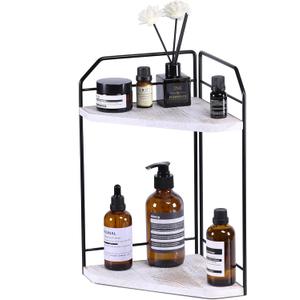 Corner Bathroom Counter Organizer - 2 Tier Wood Vanity Counter Shelf Perfume Skincare Holder, Countertop Corner Shelf Organizer for Bathroom, Kitchen, Rustic White
