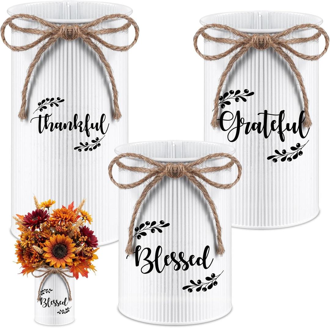 Domensi 3 Pcs Thanksgiving Table Centerpiece Fall Utensil Holder Vases Decor Galvanized Metal for Flowers Vintage Rustic Mason Jar for Thanksgiving Home Farmhouse Harvest Decoration, 3 Styles(White)