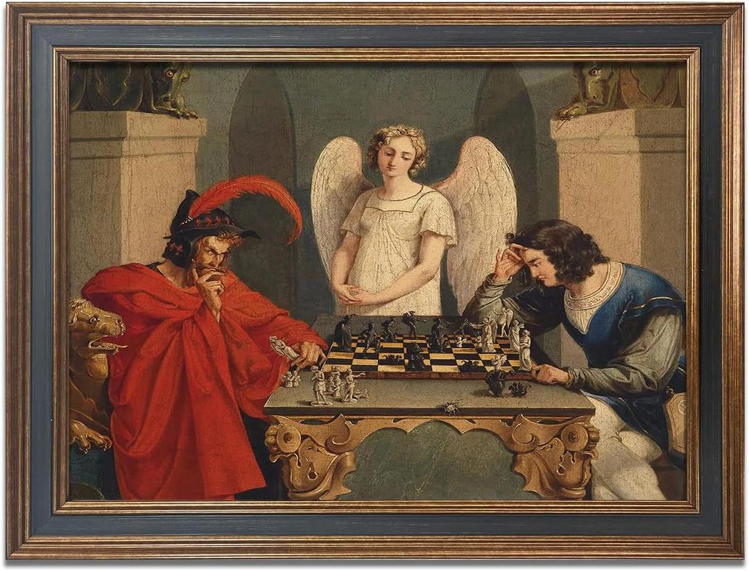 Vintage Faust And Mephistopheles Playing Chess Poster Classical Wall Art Retro The Devils checkmate Canvas Print Painting Picture Home Classroom Office Living Room Decor 16X24inch Black and Gold Frame