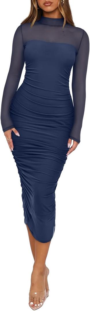 REORIA Women's Fall Mesh Sheer Long Sleeve Midi Ruched Bodycon Dress Mock Neck Elegant Evening Party Cocktail Dresses S