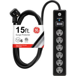 GE 6-Outlet Surge Protector, 15 Ft Extension Cord, Power Strip, 800 Joules, Flat Plug, Twist-to-Close Safety Covers, Protected Indicator Light, ETL Listed, Black, 50771