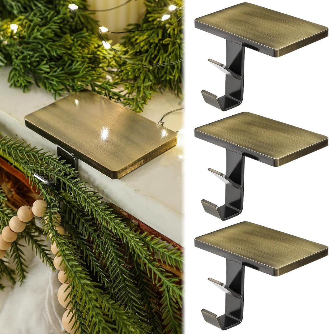 2 in 1 Fireplace Garland and Stocking Hangers for Mantel Heavy Duty Christmas Stocking Holders for Mantle Metal Garland Hooks Xmas Holiday Decoration(Dark Bronze,3 Pack)