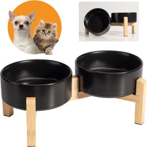 Elevated Ceramic Dog Bowl Set - Raised Feeding Bowls with Non-Slip Bamboo Stand - Small Pet Dishes for Food and Water - Ideal for Cats and Puppies - 16.23 OZ - 2 Cups - 480 ML (Black)