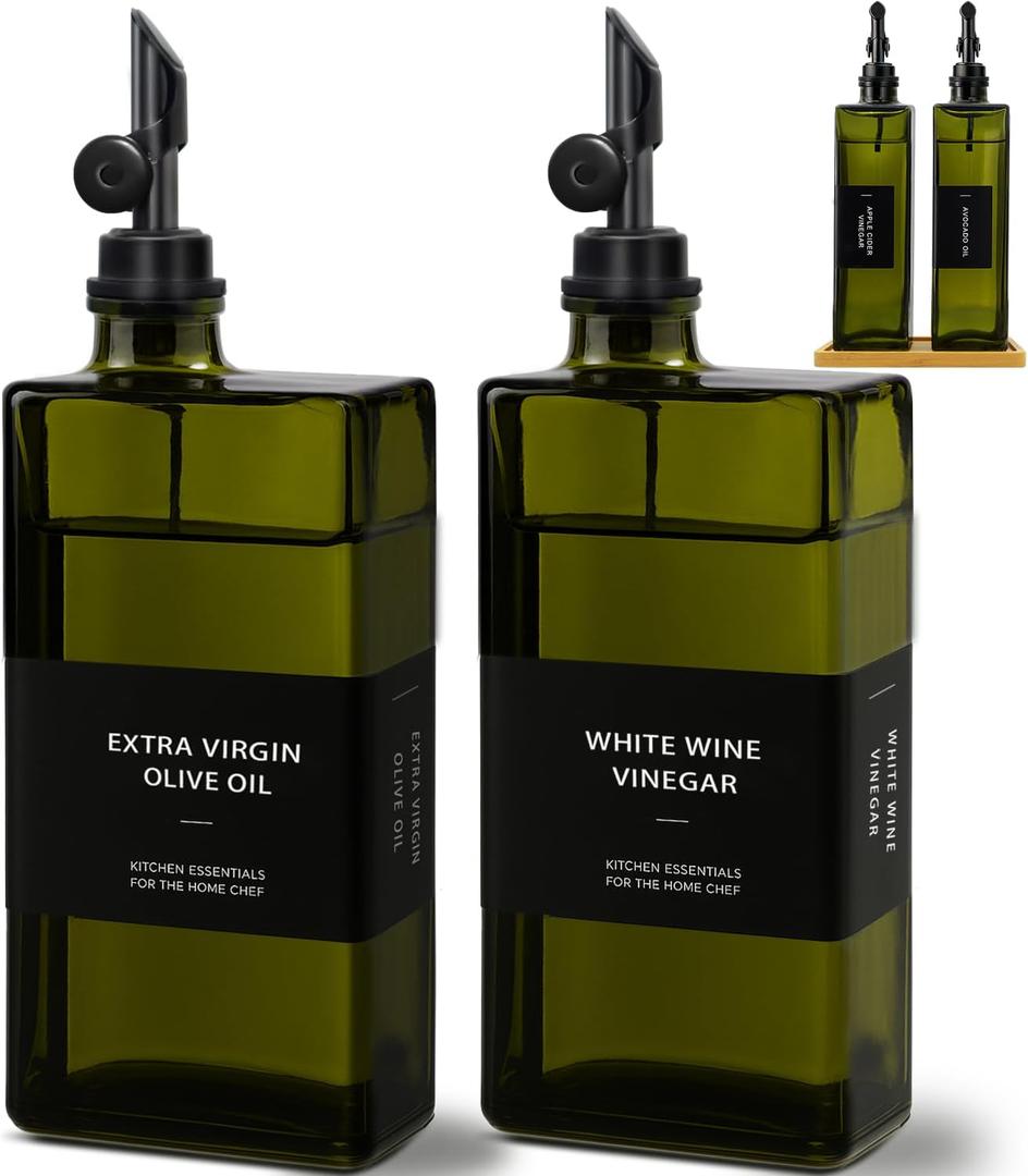 Olive Oil Dispenser Bottle for Kitchen with Bamboo Tray- 16.9oz Glass Oil and Vinegar Dispenser Set, Soy Sauce & Syrup Bottle, Modern Hostess Gift (Green, Set of 2)