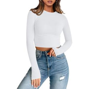 Trendy Queen Womens Long Sleeve Crop Tops Basic Slim Fitted Shirts Fashion 2025 Going Out Y2k Tops Teen Girl Clothes (X-Large, White)