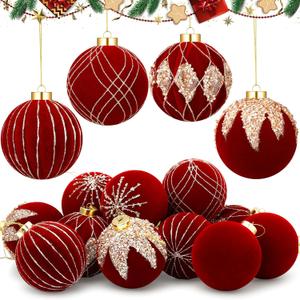 Liliful 12 Pcs 4 Inch Large Velvet Christmas Balls Ornaments Set Flocked Tree Balls Luxury Velvet Christmas Hanging Ornaments for Xmas Tree Party Wedding Home Decor(Red)