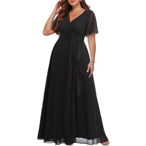 Talisea Plus Size Formal Dresses - Wedding Guest Bridesmaid Evening Prom Chiffon V Neck Ruffle Short Sleeves Long Dress Women (Black). Size 18W