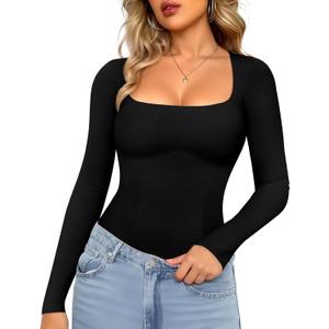 LODAY Tummy Control Shapewear Tank Top Square Neck Long Sleeve Top Slimming Body Shaper Compression Tanks for Women (Large, Black)