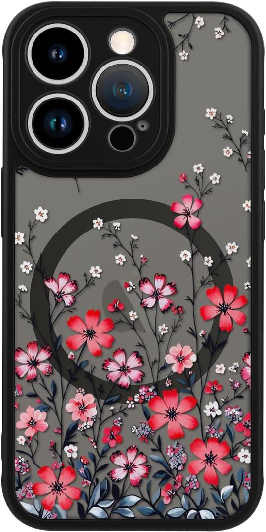 LUHOURI for iPhone 14 Pro Max Case Cute - Wireless Charing Compatible,Trendy Floral Design for Women Girls,Military-Grade Shockproof Not-Slip Matte Phone Cover, Vibrant Red Wildflowers