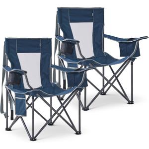 2 Pack Oversized Camping Chairs, Folding Outdoor Chair Support 400 Lb, Blue | Lightweight Lawn Chairs with Cup Holders, Side Pocket & Cooler Bag, Portable Camp Chair for Outside, Tailgating, Sports, Twin Pack